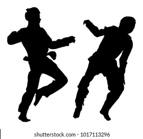 Fight between two taekwondo fighters vector silhouette illustration. Sparring on training action. Self defense skills exercising concept. Warriors in the martial arts battle. Sport competition event.