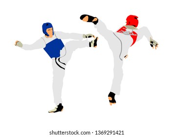 Fight Between Two Taekwondo Fighters Vector Illustration Isolated. Sparring On Training Action. Self Defense Skills Exercising Concept. Warriors In The Martial Arts Battle. Combat Competition. 