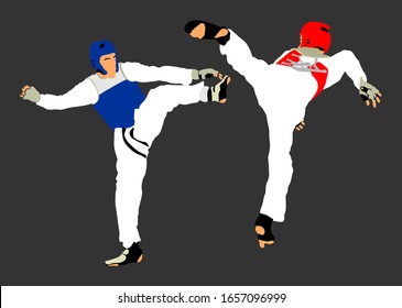 Fight between two taekwondo fighters vector illustration isolated. Sparring on training action. Self defense skills exercising concept. Warriors in the martial arts battle. Combat competition. 