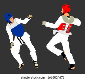 Fight between two taekwondo fighters vector illustration isolated. Sparring on training action. Self defense skills exercising concept. Warriors in the martial arts battle. Combat competition. 