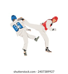 Fight between two taekwondo fighters. Sparring on training action. Self defense skills exercising concept. Flat vector illustration isolated on white background
