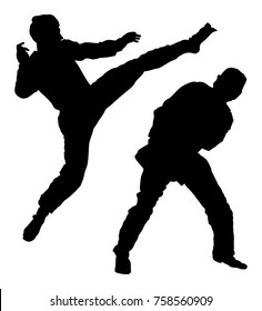 Fight between two taekwondo fighters vector silhouette illustration. Sparring on training action. Self defense skills exercising concept. Warriors in the martial arts battle. 