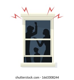 Fight between woman and man, domestic violence in family with child,  fighting silhouettes in dark window, vector illustration, isolated on white background