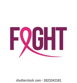 Fight (Breast Cancer) - hand drawn Breast Cancer Awareness month lettering phrase with pink ribbon. Brush ink vector quote for banners, greeting card, poster design. 
