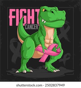 Fight Breast cancer Hand drawn funny Tyrannosaurus T rex, green dinosaur holding pink support ribbon