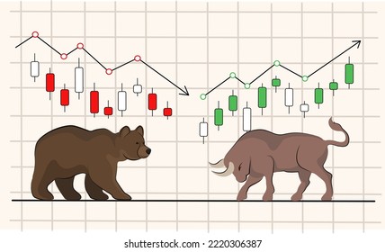 lucha de la criptodivisa toro y oso, candeleros japoneses y flechas en alza y caída de precios, ilustración del mercado de valores. tendencia alcista y bajista. banner vectorial para el comercio en el mercado