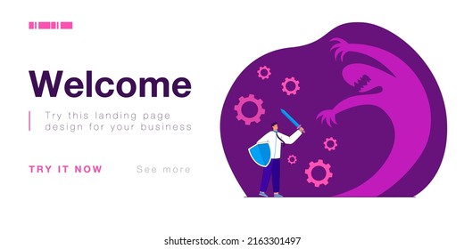 Fight of businessman and threatening shadow. Man with shield and sword fighting against anxiety feelings and phobias flat vector illustration. Ego and subconscious conflict, unconscious fear concept