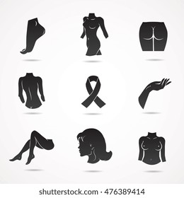 Fight with cancer - set of women icons and silhouettes. Vector art.