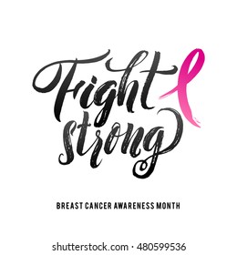 Fight Cancer. Vector Breast Cancer Awareness Calligraphy Poster Design. Stroke Pink Ribbon.