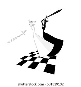 Fight of chess Queens. The white Queen is defeated. Vector black and white illustration.