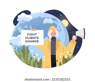 Fight climate change. Girl with sign urges to reduce production of harmful waste. Responsible society and eco activists. Character with loudspeaker, opinion leader. Cartoon flat vector illustration