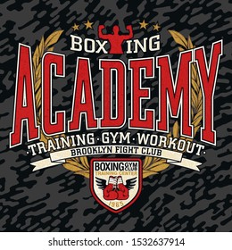 Fight club boxing academy vector print for boy t shirt with camouflage background seamless pattern grunge effect in separate layer