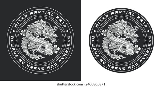 Fight club dragon flyer monochrome with round logo for mixed martial arts community or sports competition vector illustration