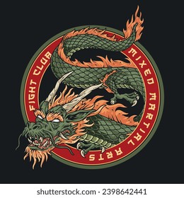 Fight club dragon sticker colorful with green snake on short legs near text mixed martial arts vector illustration