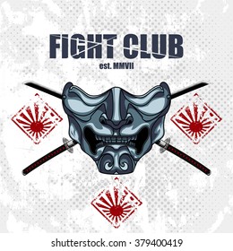 Fight club emblem with samurai half mask and katanas