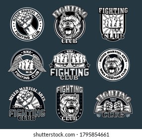 Fight club with fist flat labels set. Boxing and fighting club logo with angry dog or muscular arm isolated vector illustration collection. Kickboxing, sport, martial arts and design elements concept