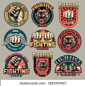 Fight club with fist flat labels set. Boxing and fighting club emblem with angry dog or muscular arm isolated vector illustration collection. Kickboxing, sport, arts and design elements concept