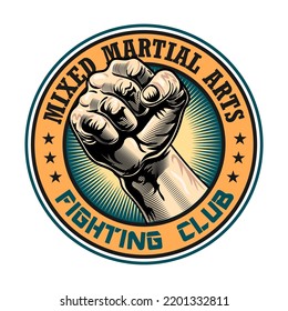 Club de lucha con etiqueta de puño. Emblema del club de boxeo y lucha con ilustración vectorial aislada del brazo. Kickboxing, deporte, artes marciales y elementos de diseño