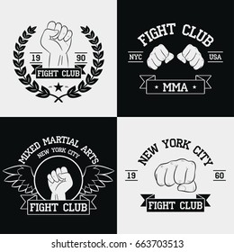 Fight Club graphics for t-shirt set. New York city, MMA, Mixed Martial Arts. Fighting typography for design clothes, logo, apparel. Sport print with fist, ribbon, wings and laurel wreath. Vector.