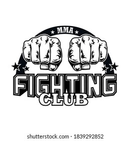 Fight club label with two fists. Boxing and fighting club logo with fist. Isolated vector illustration. Kickboxing and mixed martial arts and design elements concept