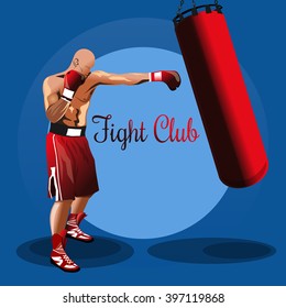 Fight club logo. Boxer. Training with punching bag. Colored vector illustration for sport fight club. Boxing emblem, label, badge