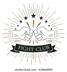 Fight club logo. Hipster style. Print for design clothes, t-shirt stamp with sunray, lightning and fist. Typography of athletic apparel. Vector illustration. 