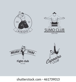 Fight club logo or MMA emblem set. Capoeira and sumo, aikido and thai boxing logos. Vector illustration