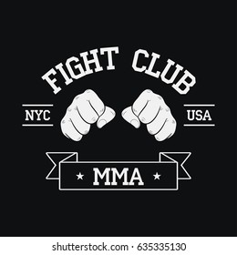 Fight Club logo. NYC, USA. MMA, Mixed Martial Arts. Fighting typography for design clothes, t-shirts, apparel. Sport print with two fist and ribbon. Vector illustration.