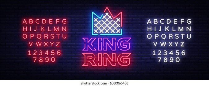 Fight Club neon sign. King RING logo in neon style. Design template, sports logo. Night fighting, martial arts, MMA. Light banner, bright night neon advertisement. Vector. Editing text neon sign