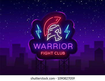 Fight Club neon sign. Warrior logo in neon style. Design template, sports logo, Spartan warrior. Night Fight, Martial Arts, MMA. Light banner, bright night neon advertisement. Vector Billboard