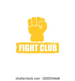 fight club orange vector logo with grunge white man fist isolated on white background. MMA Mixed martial arts concept design template. Fighting club orange label for print on tee