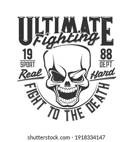 Fight club skull t shirt print, boxing or MMA wrestling vector icon. Street fighting or boxer club emblem of skull with fist punch eye or shiner, fighters sport and athletic department t-shirt print