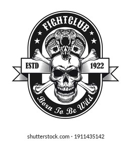 Fight club symbol design. Monochrome element with skull and king cobra vector illustration with text. Aggression or horror concept for emblems and labels templates