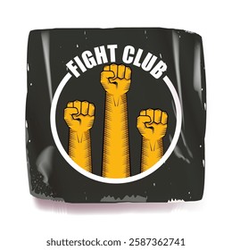 fight club vector grey sticker with logo and orange man fist isolated on white background. MMA Mixed martial arts concept banner and poster design template. Fight club grunge label, icon design