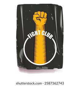 fight club vector grey sticker with logo and orange man fist isolated on white background. MMA Mixed martial arts concept banner and poster design template. Fight club grunge label, icon design