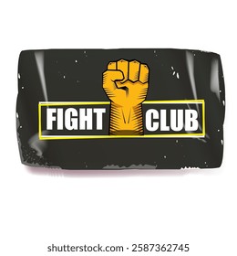 fight club vector grey sticker with logo and orange man fist isolated on white background. MMA Mixed martial arts concept banner and poster design template. Fight club grunge label, icon design