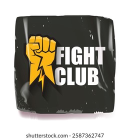 fight club vector grey sticker with logo and orange man fist isolated on white background. MMA Mixed martial arts concept banner and poster design template. Fight club grunge label, icon design