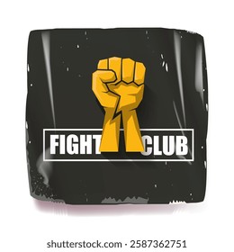 fight club vector grey sticker with logo and orange man fist isolated on white background. MMA Mixed martial arts concept banner and poster design template. Fight club grunge label, icon design