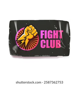 fight club vector grey sticker with logo and orange man fist isolated on white background. MMA Mixed martial arts concept banner and poster design template. Fight club grunge label, icon design