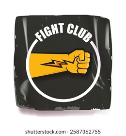 fight club vector grey sticker with logo and orange man fist isolated on white background. MMA Mixed martial arts concept banner and poster design template. Fight club grunge label, icon design