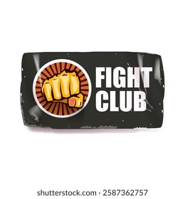 fight club vector grey sticker with logo and orange man fist isolated on white background. MMA Mixed martial arts concept banner and poster design template. Fight club grunge label, icon design