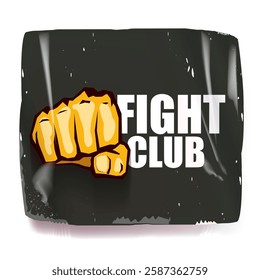 fight club vector grey sticker with logo and orange man fist isolated on white background. MMA Mixed martial arts concept banner and poster design template. Fight club grunge label, icon design