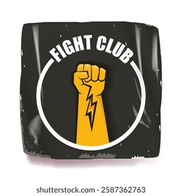 fight club vector grey sticker with logo and orange man fist isolated on white background. MMA Mixed martial arts concept banner and poster design template. Fight club grunge label, icon design