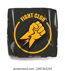 fight club vector grey sticker with logo and orange man fist isolated on white background. MMA Mixed martial arts concept banner and poster design template. Fight club grunge label, icon design