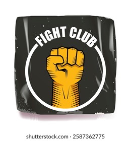 fight club vector grey sticker with logo and orange man fist isolated on white background. MMA Mixed martial arts concept banner and poster design template. Fight club grunge label, icon design