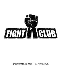 fight club vector logo with grunge black man fist isolated on white background. MMA Mixed martial arts concept design template. Fighting club label for print on tee