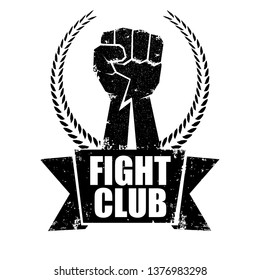 fight club vector logo with grunge black man fist isolated on white background. MMA Mixed martial arts concept design template. Fighting club label for print on tee
