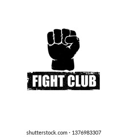 fight club vector logo with grunge black man fist isolated on white background. MMA Mixed martial arts concept design template. Fighting club label for print on tee