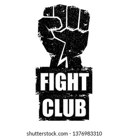 fight club vector logo with grunge black man fist isolated on white background. MMA Mixed martial arts concept design template. Fighting club label for print on tee