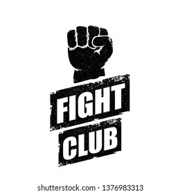 fight club vector logo with grunge black man fist isolated on white background. MMA Mixed martial arts concept design template. Fighting club label for print on tee